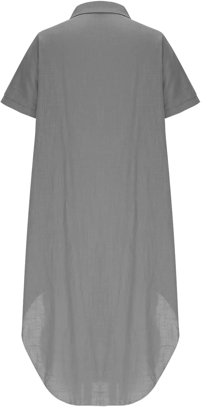 Women Button Front Maxi Shirt Dress Solid Short Sleeve V Neck Dresses Loose Fit Lightweight Sundress