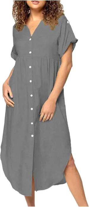 Women Button Front Maxi Shirt Dress Solid Short Sleeve V Neck Dresses Loose Fit Lightweight Sundress