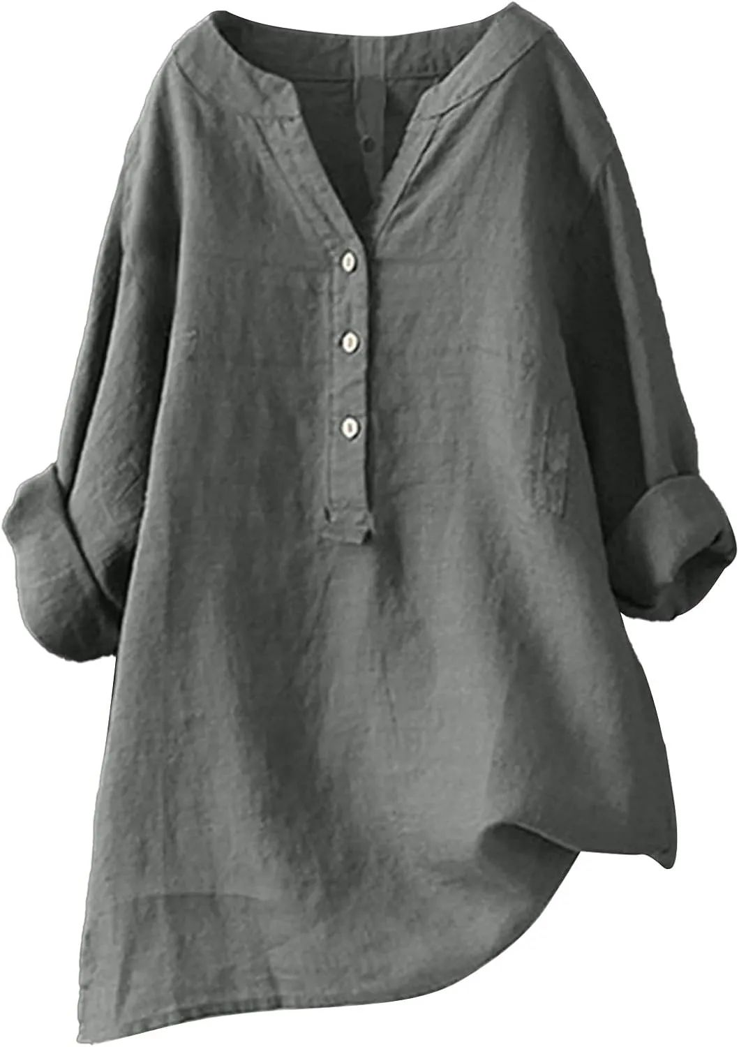Women Button Shirts Linen Rolled Cuffed Short Sleeve V Neck 2024 Summer Shirts Casual Loose Solid Blouse Tops