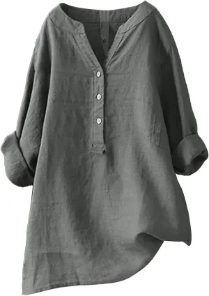 Women Button Shirts Linen Rolled Cuffed Short Sleeve V Neck 2024 Summer Shirts Casual Loose Solid Blouse Tops