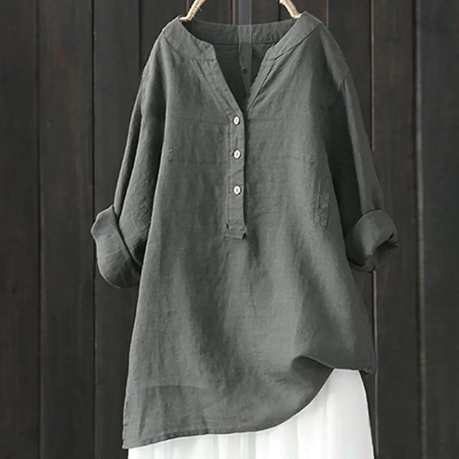 Women Button Shirts Linen Rolled Cuffed Short Sleeve V Neck 2024 Summer Shirts Casual Loose Solid Blouse Tops