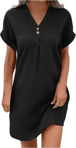 Women Casual Mini Dresses Rolled Short Sleeve V Neck Shift Dress Summer Elegant Textured Dresses Loose Tunic Dress