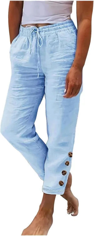 Women Cotton Linen Pants Summer Midi Waisted Wide Leg Drawstring Tapered Cuffed Trousers 2024 Light Casual Beach Pants
