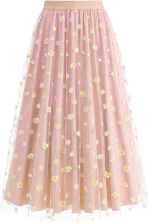 Women Daisy Embroidered Skirts Floral Mesh Casual Elastic High Waist Long Skirts Flower Swing A Line Skirts 2025