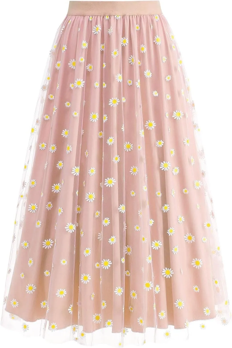 Women Daisy Embroidered Skirts Floral Mesh Casual Elastic High Waist Long Skirts Flower Swing A Line Skirts 2025
