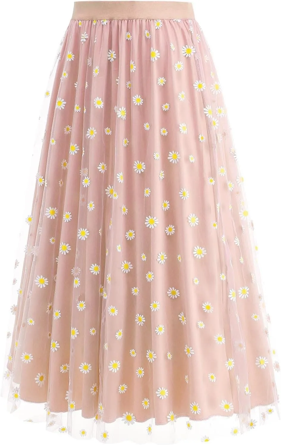 Women Daisy Embroidered Skirts Floral Mesh Casual Elastic High Waist Long Skirts Flower Swing A Line Skirts 2025