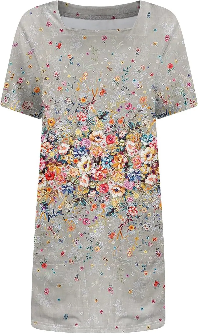 Women Dresses Summer 2025 Short Dresses Short Sleeve Square Neck Casual Dresses Beach T-Shirt Dress with Pockets