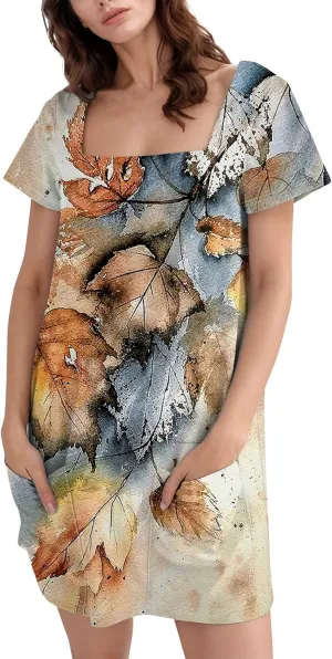 Women Dresses Summer 2025 Short Dresses Short Sleeve Square Neck Casual Dresses Beach T-Shirt Dress with Pockets