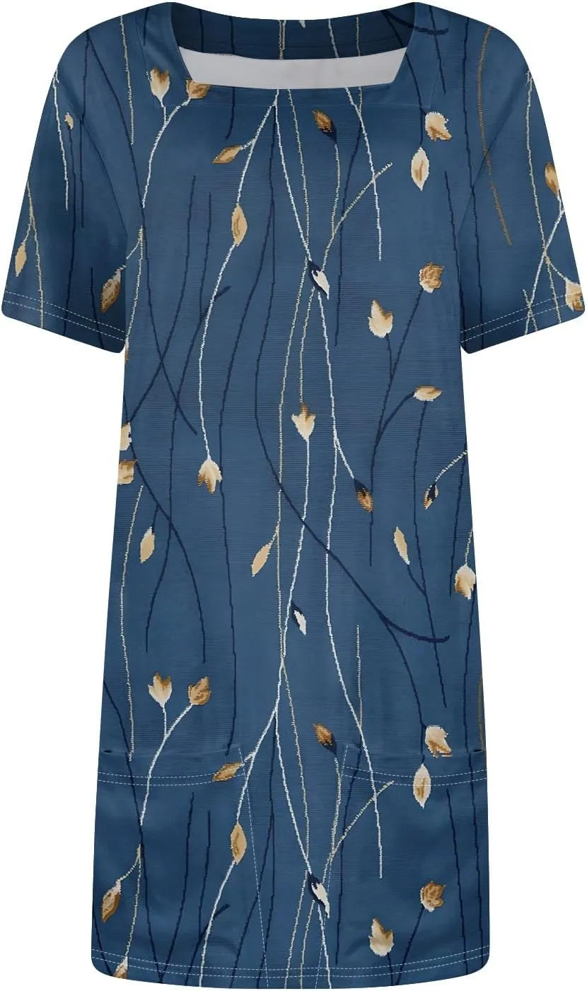 Women Dresses Summer 2025 Short Dresses Short Sleeve Square Neck Casual Dresses Beach T-Shirt Dress with Pockets