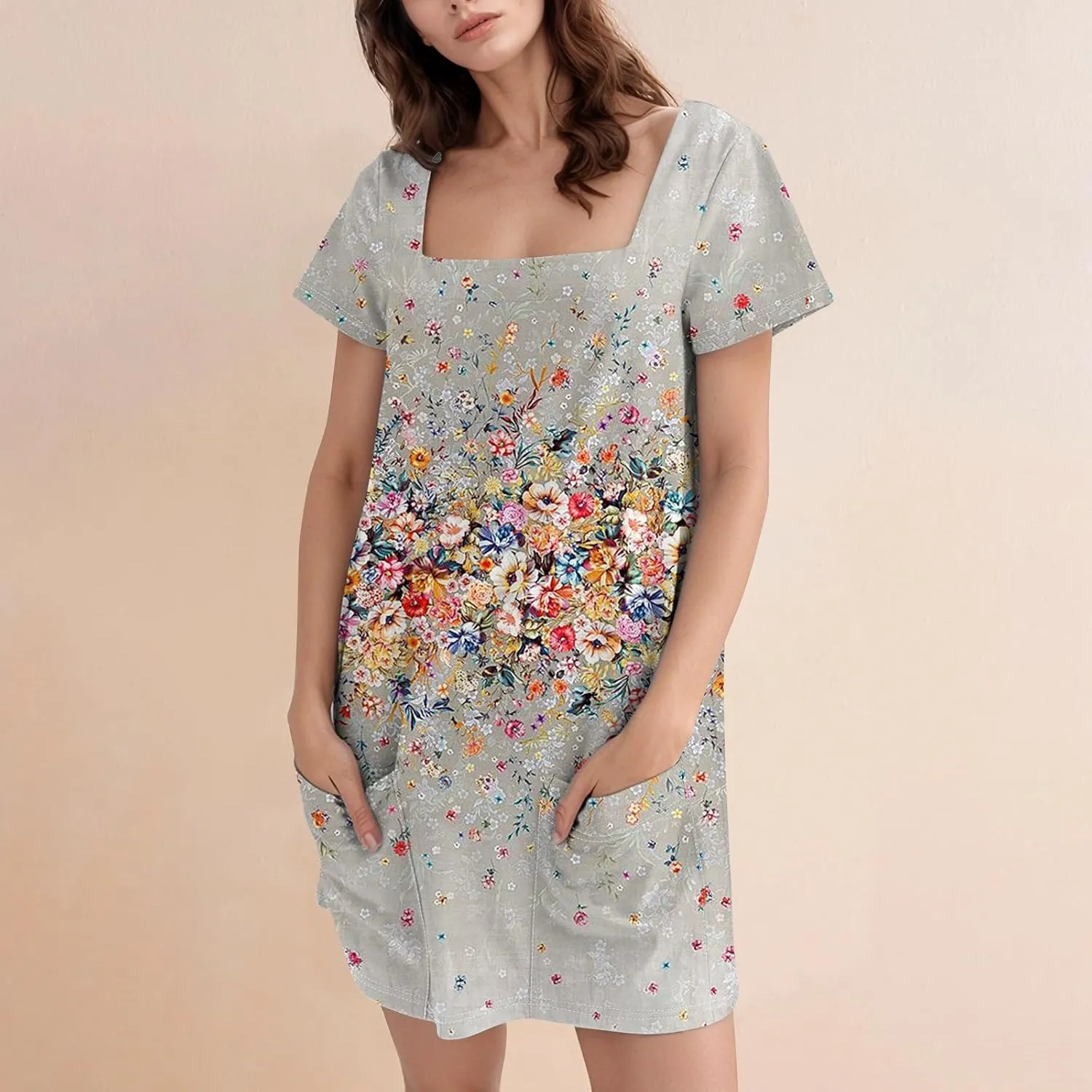 Women Dresses Summer 2025 Short Dresses Short Sleeve Square Neck Casual Dresses Beach T-Shirt Dress with Pockets