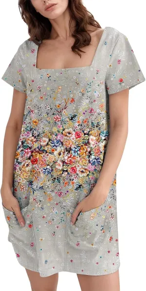 Women Dresses Summer 2025 Short Dresses Short Sleeve Square Neck Casual Dresses Beach T-Shirt Dress with Pockets