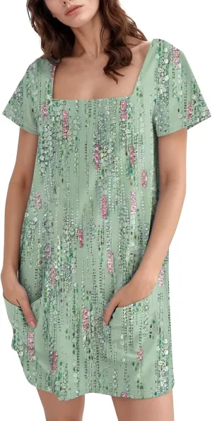 Women Dresses Summer 2025 Short Dresses Short Sleeve Square Neck Casual Dresses Beach T-Shirt Dress with Pockets