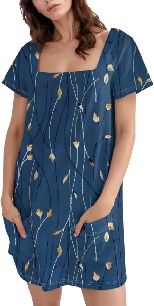 Women Dresses Summer 2025 Short Dresses Short Sleeve Square Neck Casual Dresses Beach T-Shirt Dress with Pockets