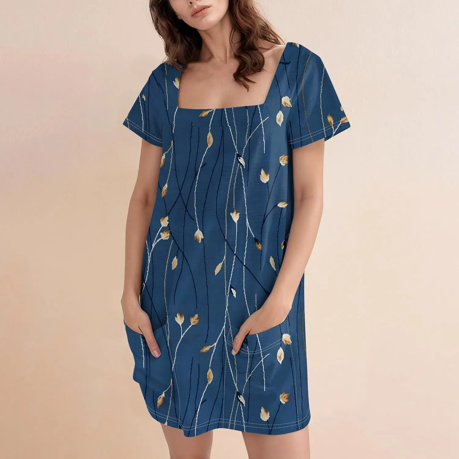 Women Dresses Summer 2025 Short Dresses Short Sleeve Square Neck Casual Dresses Beach T-Shirt Dress with Pockets