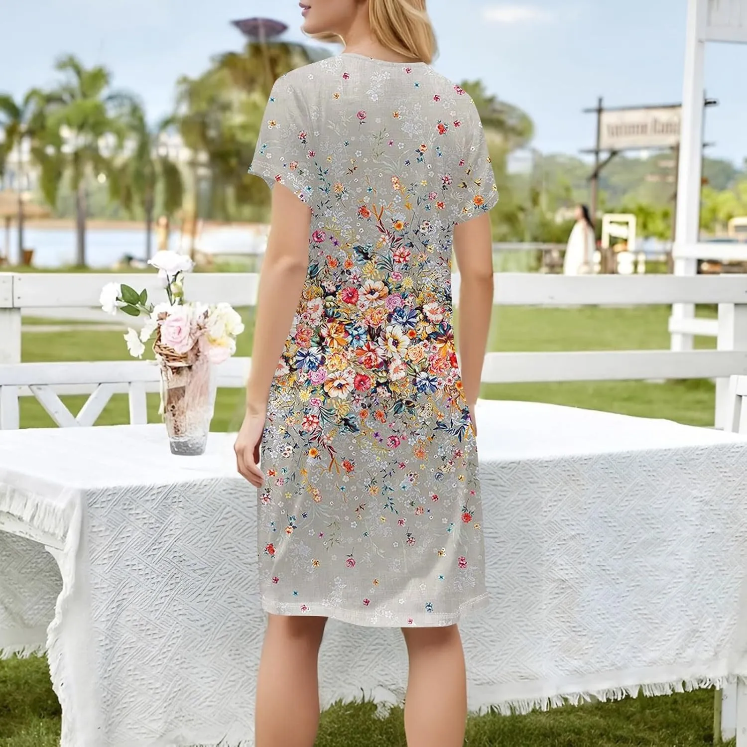 Women Dresses Summer 2025 Short Dresses Short Sleeve Square Neck Casual Dresses Beach T-Shirt Dress with Pockets