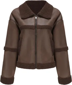 Women Faux Leather Suede Jacket Winter Long Sleeve Furry Trim Parka Moto Biker Sherpa-Lined Coat with Fur Collar