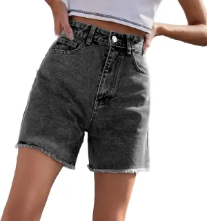 Women High Waisted Jean Shorts Baggy Casual Trendy Denim Shorts Button Waistband Joggers Athletic Cut Off Shorts with Raw Edge Rough Selvedge Slim Fit Teen Girls Shorts
