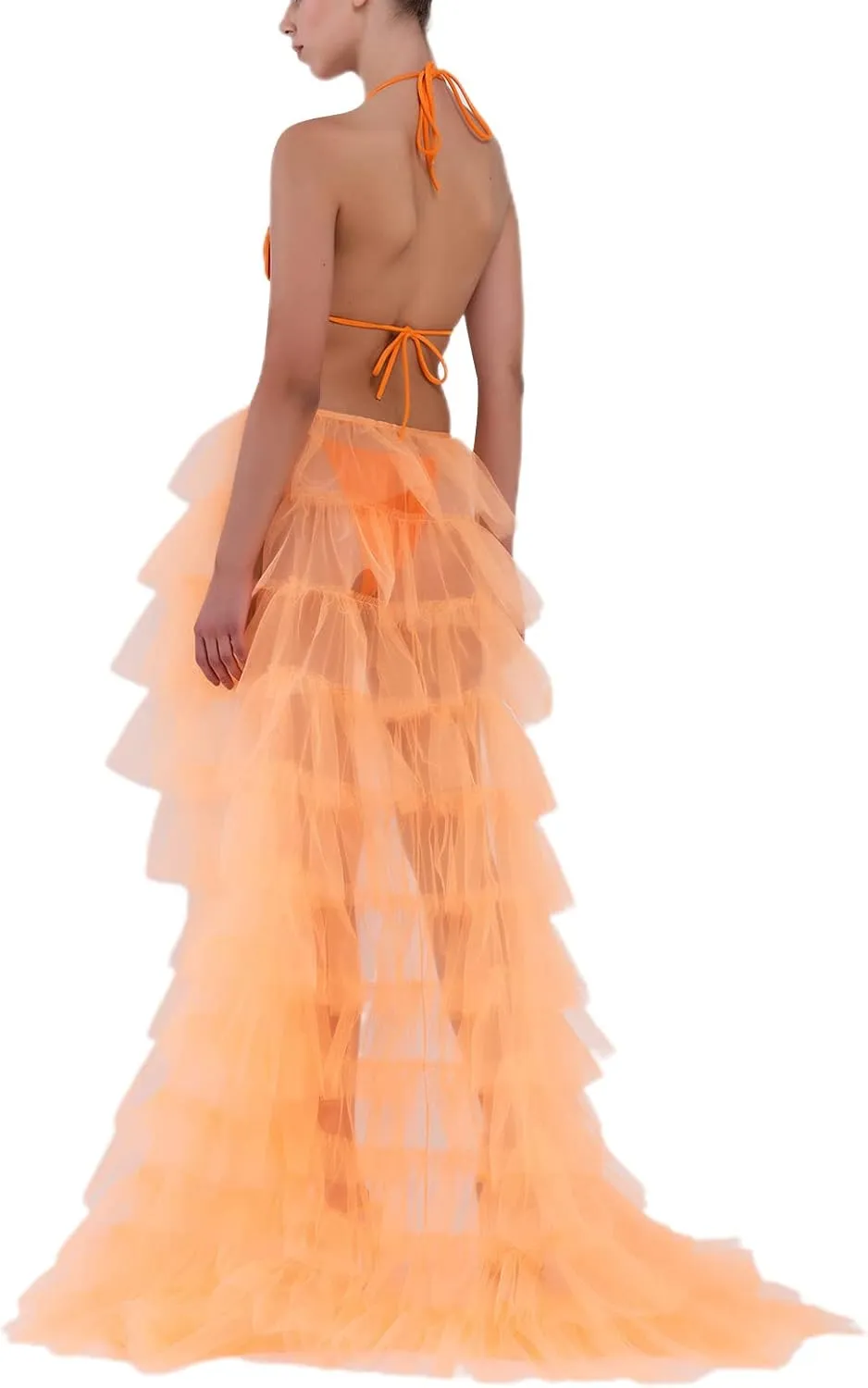 Women Long Tulle Tutu Skirt Layered ALine Puff Mesh Skirt Floor Length Split Half-Dress Ruffle Princess Party Skirt