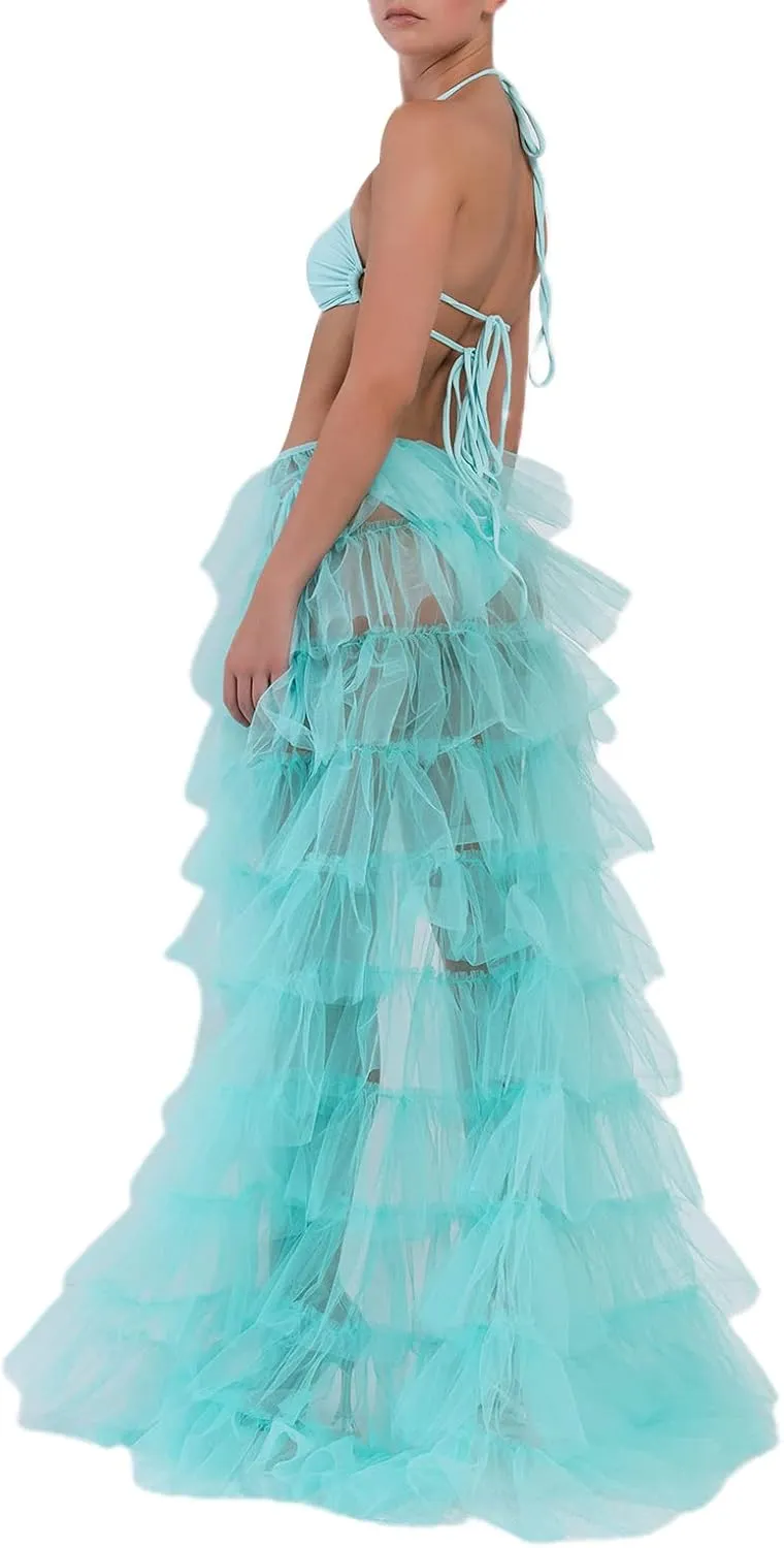 Women Long Tulle Tutu Skirt Layered ALine Puff Mesh Skirt Floor Length Split Half-Dress Ruffle Princess Party Skirt