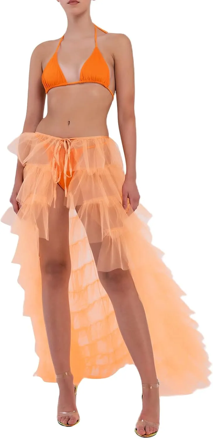 Women Long Tulle Tutu Skirt Layered ALine Puff Mesh Skirt Floor Length Split Half-Dress Ruffle Princess Party Skirt