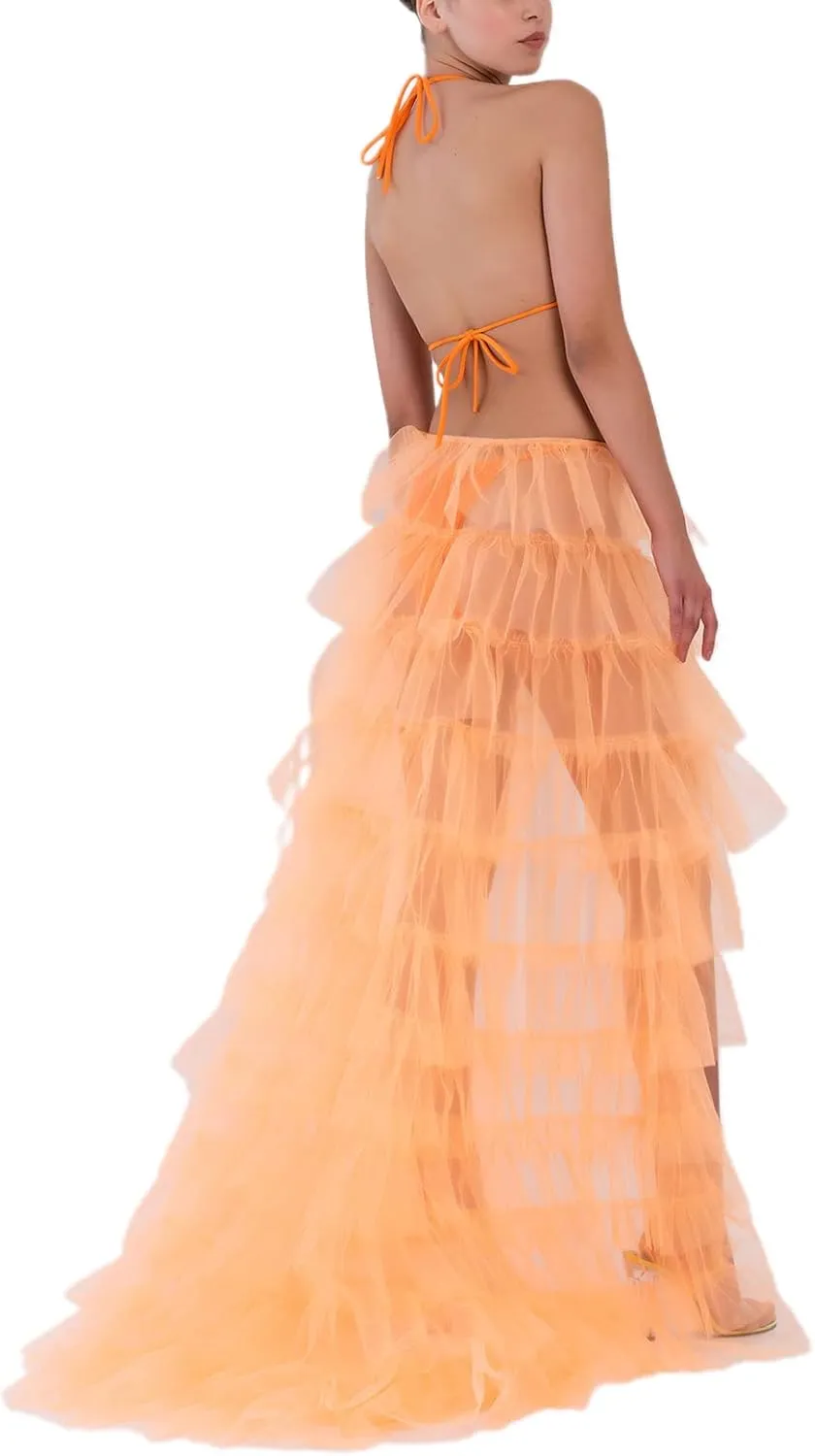 Women Long Tulle Tutu Skirt Layered ALine Puff Mesh Skirt Floor Length Split Half-Dress Ruffle Princess Party Skirt