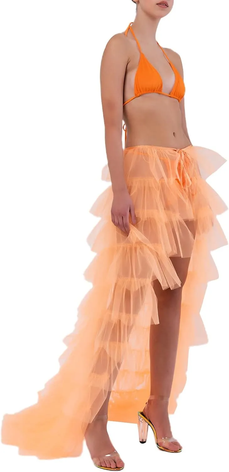Women Long Tulle Tutu Skirt Layered ALine Puff Mesh Skirt Floor Length Split Half-Dress Ruffle Princess Party Skirt