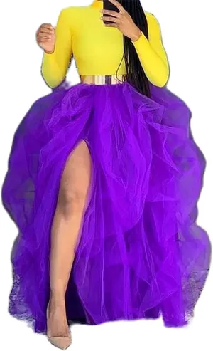 Women Long Tulle Tutu Skirt Layered ALine Puff Mesh Skirt Floor Length Split Half-Dress Ruffle Princess Party Skirt