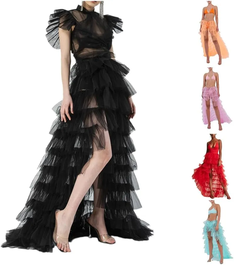 Women Long Tulle Tutu Skirt Layered ALine Puff Mesh Skirt Floor Length Split Half-Dress Ruffle Princess Party Skirt