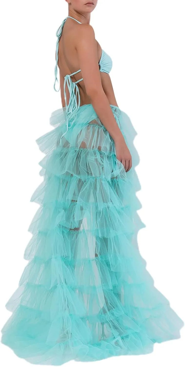 Women Long Tulle Tutu Skirt Layered ALine Puff Mesh Skirt Floor Length Split Half-Dress Ruffle Princess Party Skirt