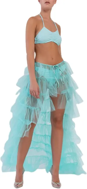 Women Long Tulle Tutu Skirt Layered ALine Puff Mesh Skirt Floor Length Split Half-Dress Ruffle Princess Party Skirt