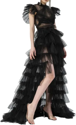 Women Long Tulle Tutu Skirt Layered ALine Puff Mesh Skirt Floor Length Split Half-Dress Ruffle Princess Party Skirt