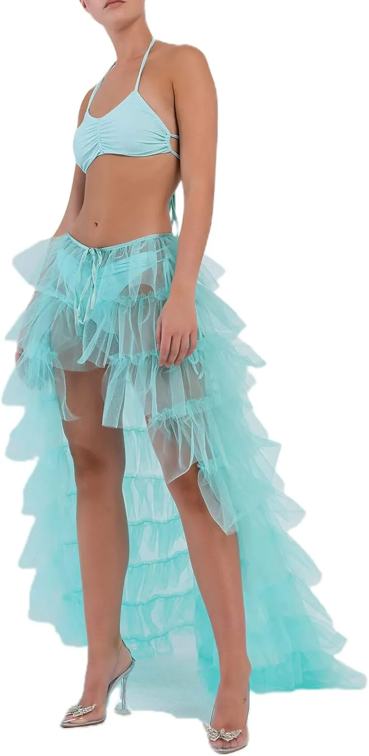 Women Long Tulle Tutu Skirt Layered ALine Puff Mesh Skirt Floor Length Split Half-Dress Ruffle Princess Party Skirt