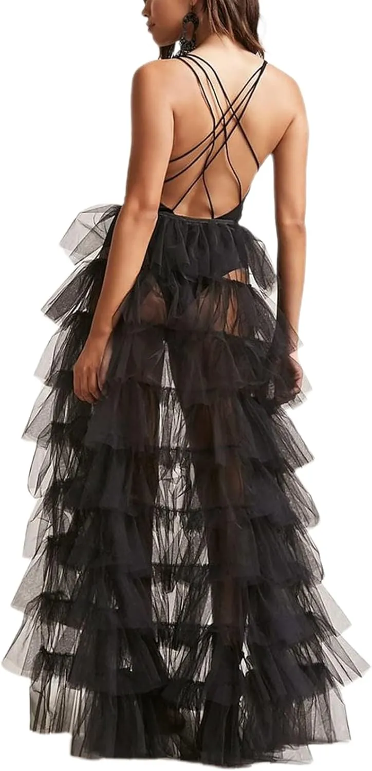 Women Long Tulle Tutu Skirt Layered ALine Puff Mesh Skirt Floor Length Split Half-Dress Ruffle Princess Party Skirt
