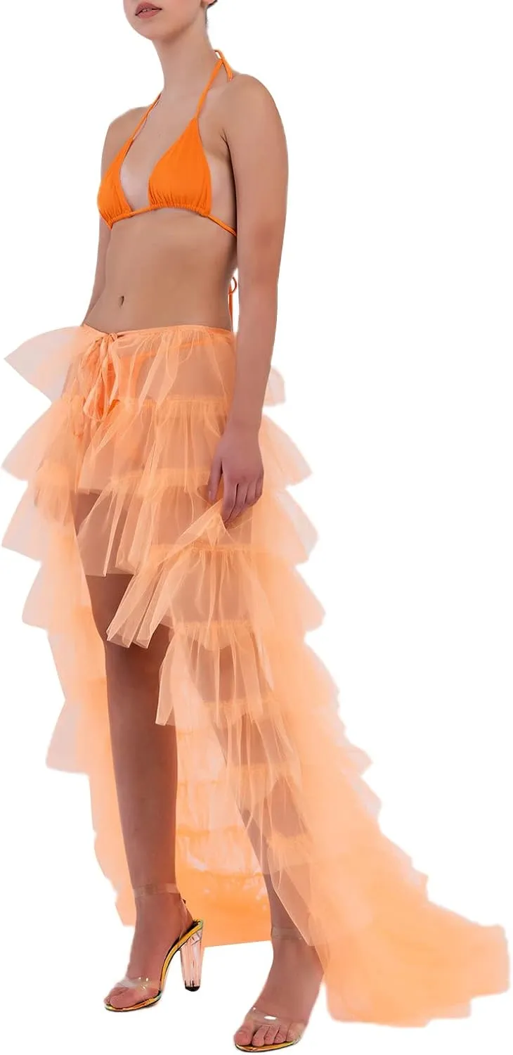 Women Long Tulle Tutu Skirt Layered ALine Puff Mesh Skirt Floor Length Split Half-Dress Ruffle Princess Party Skirt