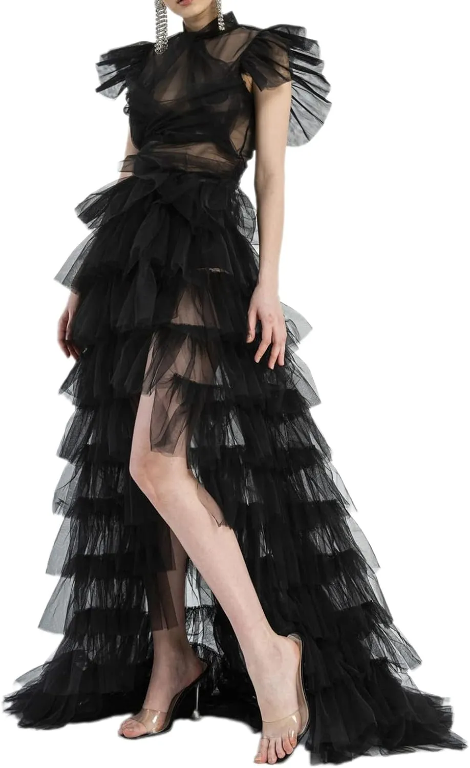 Women Long Tulle Tutu Skirt Layered ALine Puff Mesh Skirt Floor Length Split Half-Dress Ruffle Princess Party Skirt