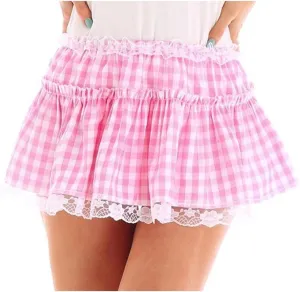 Women Men Plaid Mini Skirt Gingham Pleated Skirt Lace Trim Sissy Skirts Crossdress Lingerie Skirts Frilly Micro Skirt