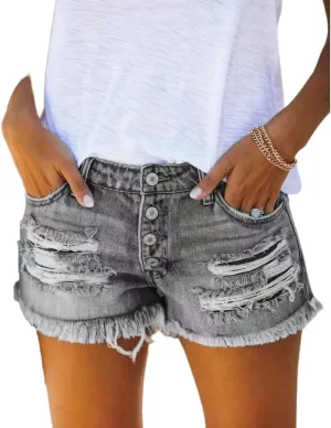 Women Mid Rise Ripped Stretchy Jeans Shorts Frayed Raw Hem Casual Denim Hot Short Summer Jean Shorts