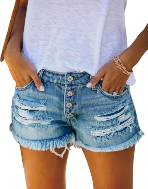 Women Mid Rise Ripped Stretchy Jeans Shorts Frayed Raw Hem Casual Denim Hot Short Summer Jean Shorts