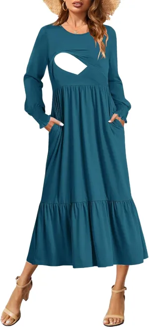 Women Nursing Dress Crew Neck Fall Maternity Flowy Long Sleeve Smocked Cuffs Tiered Cocktail Dresses with Pockets