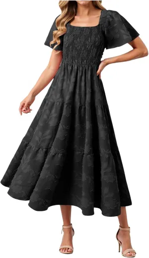 Women Patchwork Dress Y2k Floral Patchwork Maxi Dresses Puffy Short Sleeve Square Neck Smocked Tiered Ruffle Sundress