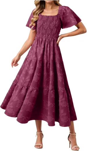 Women Patchwork Dress Y2k Floral Patchwork Maxi Dresses Puffy Short Sleeve Square Neck Smocked Tiered Ruffle Sundress