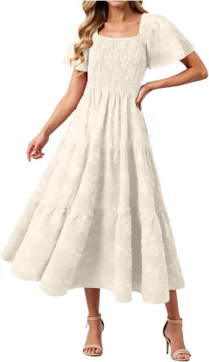 Women Patchwork Dress Y2k Floral Patchwork Maxi Dresses Puffy Short Sleeve Square Neck Smocked Tiered Ruffle Sundress