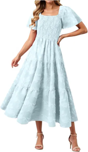 Women Patchwork Dress Y2k Floral Patchwork Maxi Dresses Puffy Short Sleeve Square Neck Smocked Tiered Ruffle Sundress