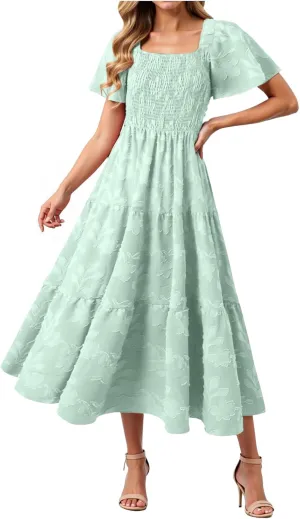 Women Patchwork Dress Y2k Floral Patchwork Maxi Dresses Puffy Short Sleeve Square Neck Smocked Tiered Ruffle Sundress