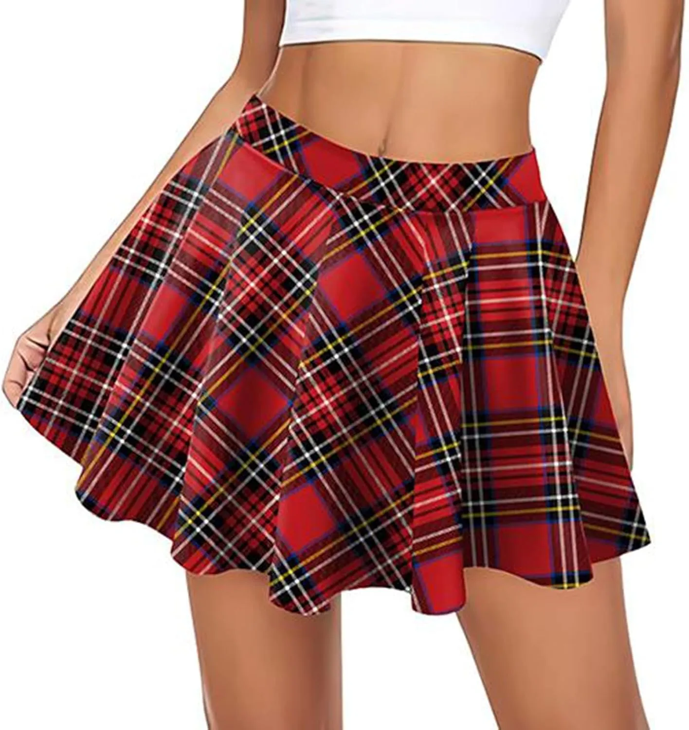 Women Plaid Mini Skirts Vintage High Waisted Pleated Skirt Elastic Stretchy A Line Skirts Tartan Skirt