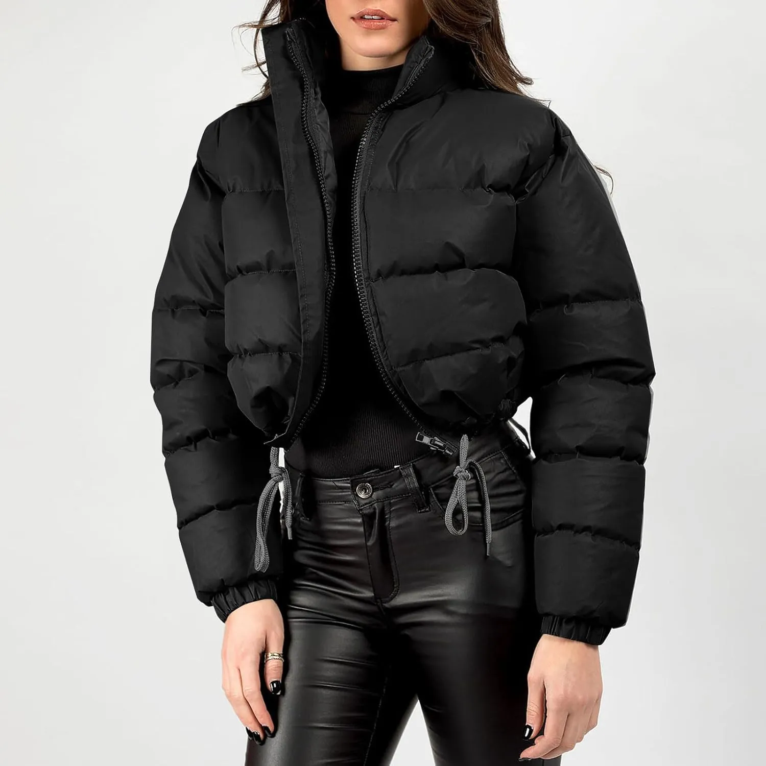 Women Puffer Coat Cropped Puffer Jacket Winter Shiny Zip Up Short Bubble Puffy Coats Short Padded Down Coat