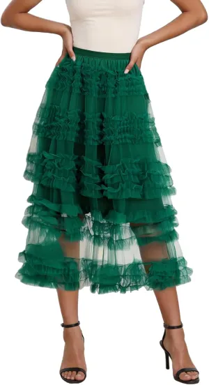 Women Puffy Tulle Maxi Skirt Layered A Line Tiered Ruffle Long Skirts Mesh Tutu Skirt Petticoat