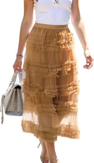 Women Puffy Tulle Maxi Skirt Layered A Line Tiered Ruffle Long Skirts Mesh Tutu Skirt Petticoat