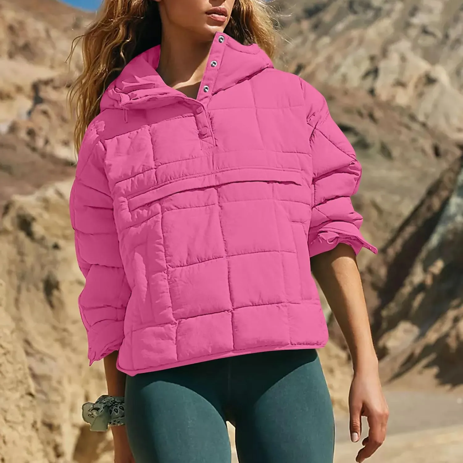 Women Quilted Pullover Packable Puffer Jacket Long Sleeve Quarter Snap Oversized Hoodie Winter Hooded Padded Coat