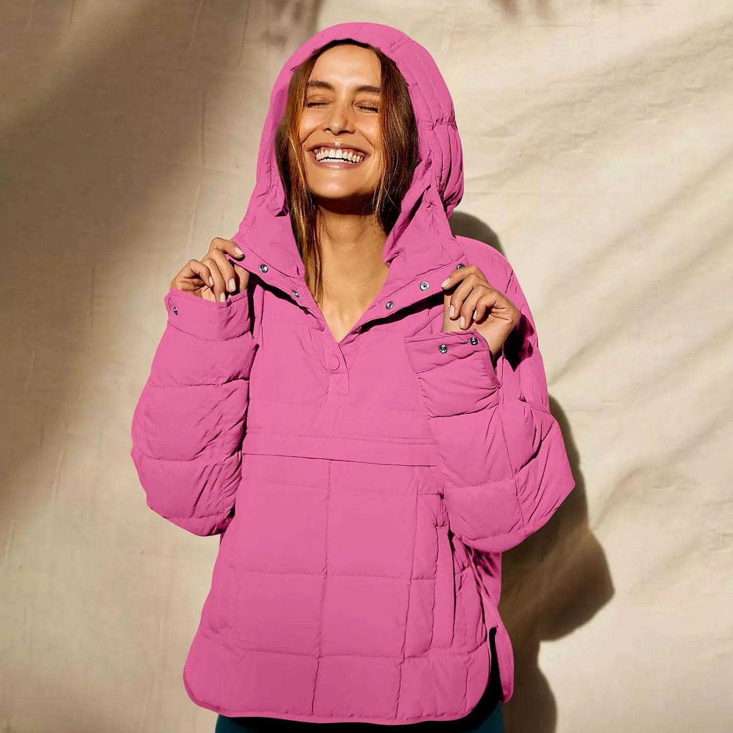 Women Quilted Pullover Packable Puffer Jacket Long Sleeve Quarter Snap Oversized Hoodie Winter Hooded Padded Coat